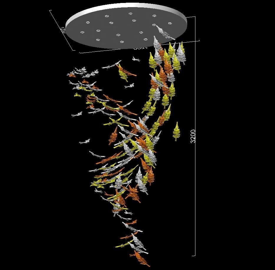 Đèn thông tầng dimmer lá lông vũ cao cấp 045PL4 gồm 16 đèn COB cao cấp màu đen D55 , 160 lá lông vũ đại cao cấp, mâm inox gương đen hình elip KT(mm): L1500 x W1200 x H3200